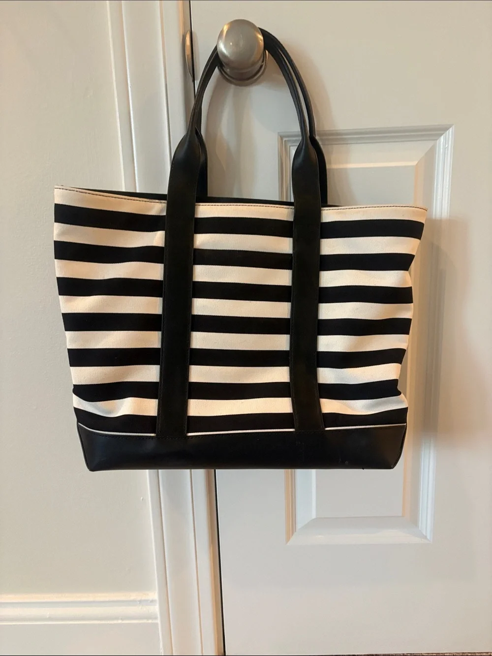Michael Kors Black and White Striped Canvas Tote with Gold MK Emblem